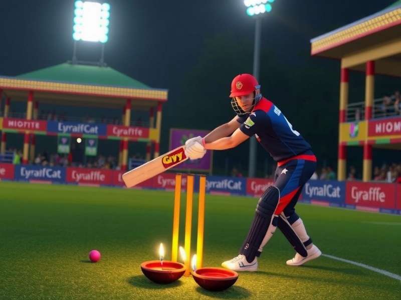 Virtual Cricket Sensation Diwali event showing a player hitting a six with diyas lighting up